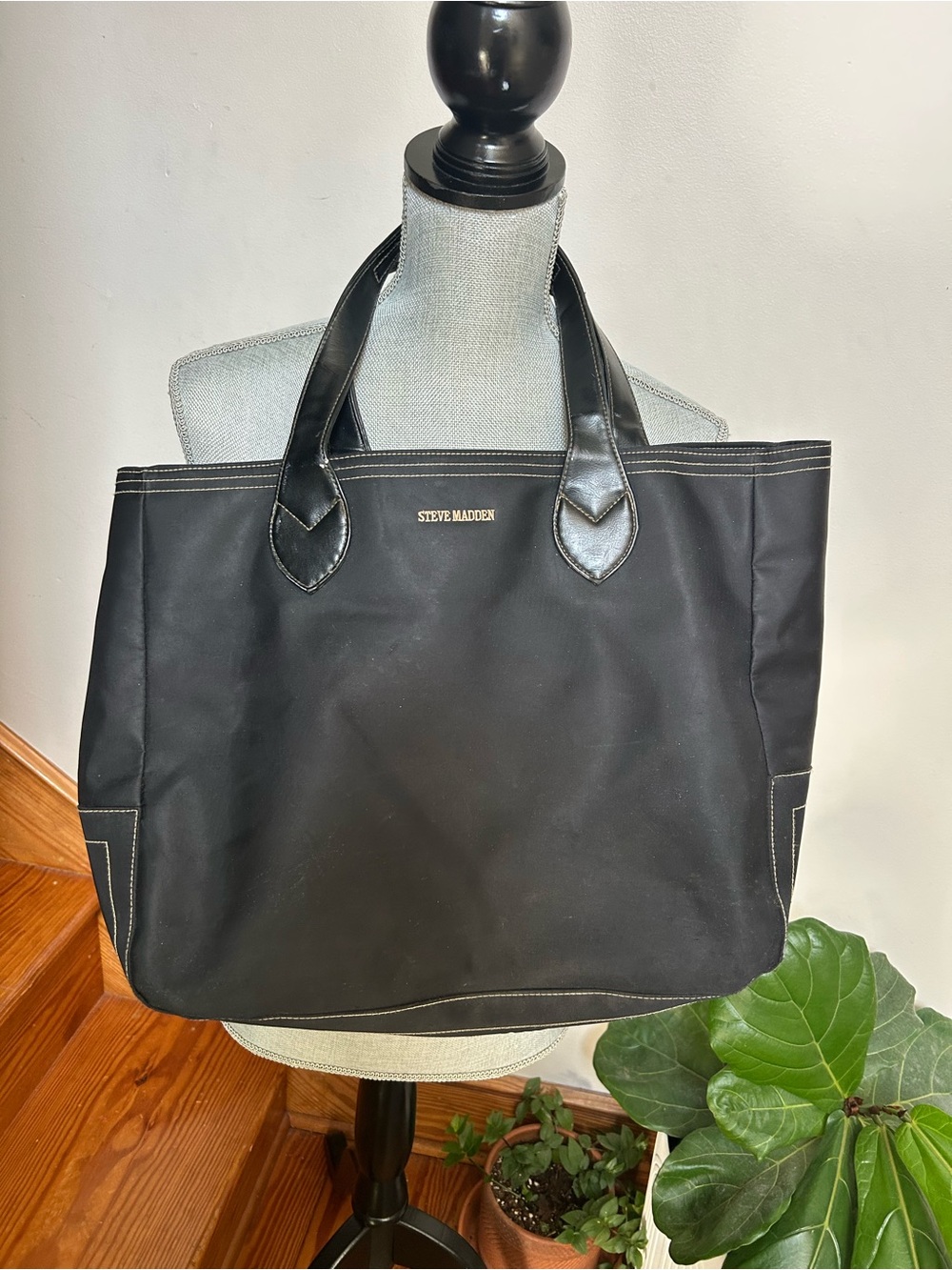 Steve Madden Black Canvas Tote with Gold Logo